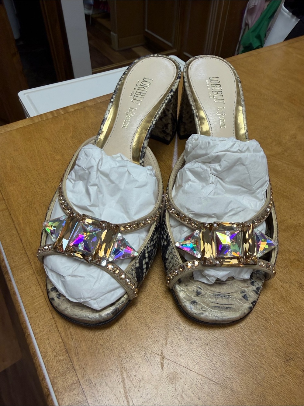 L'Artiste Gold Crystal Embellished Slide Heels